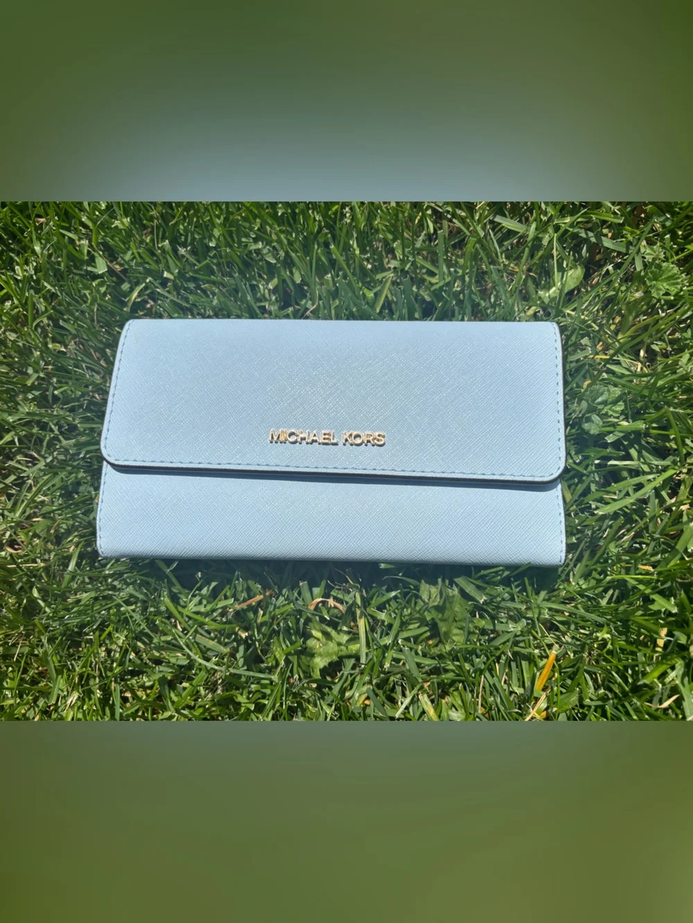 Michael Kors Powder Blue Saffiano Leather Continental Wallet with Gold Logo